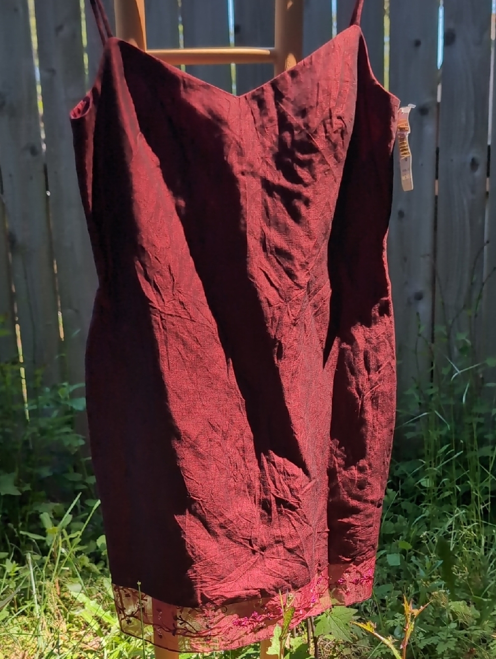 Vintage Strap Laundry By Shelli Segal Burgundy Slip Dress Sheer Embroidered Hem